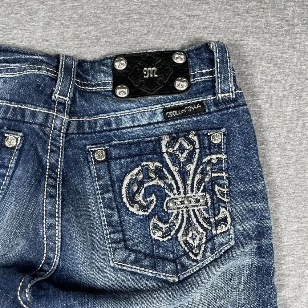 Miss Me Jeans Juniors 14 Blue Bootcut Mid Rise Embroidered Rhinestone Studded